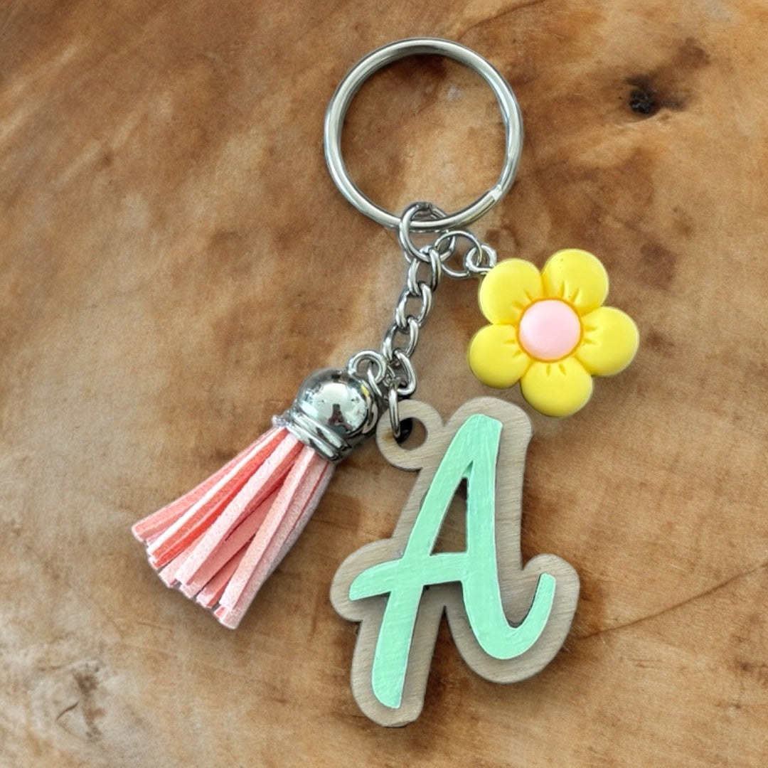 Porte clés lettre vert menthe, rose et jaune